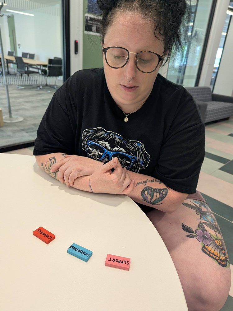 young woman with Talk Tiles