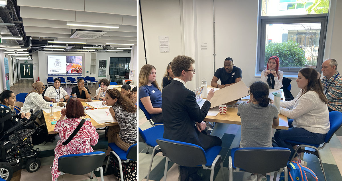 two tables with people designing solutions