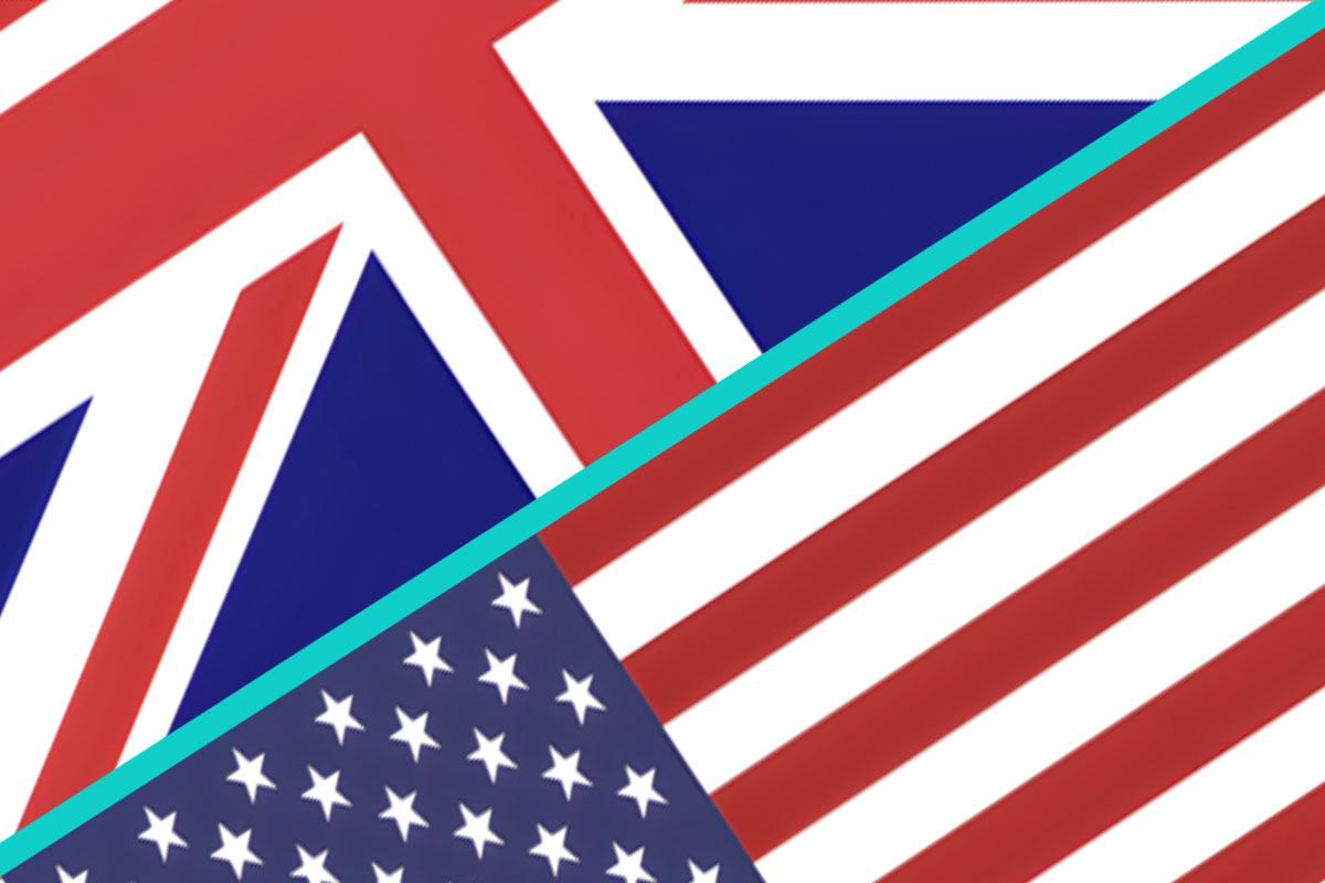 UK and US flags with diagonal teal line in between