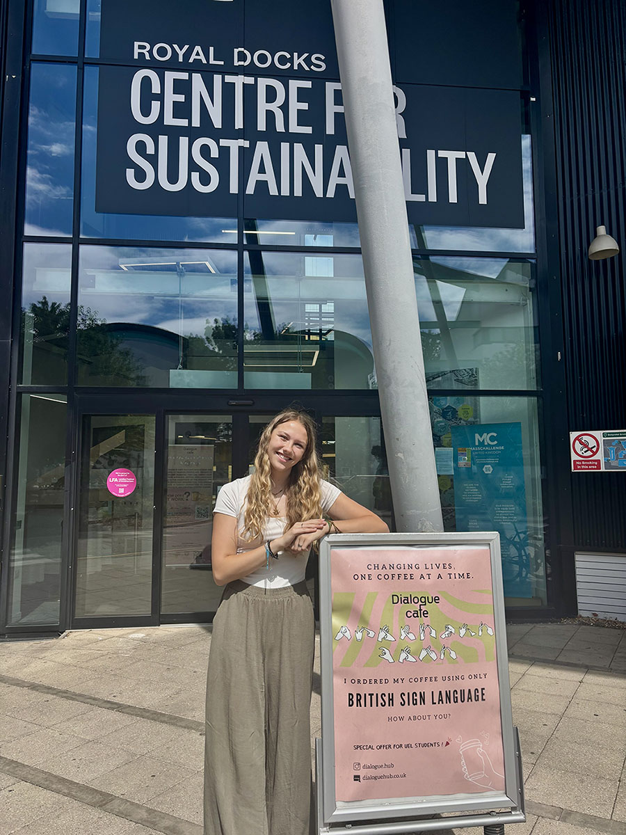 woman standing outside Royal Docks Centre for Sustainability