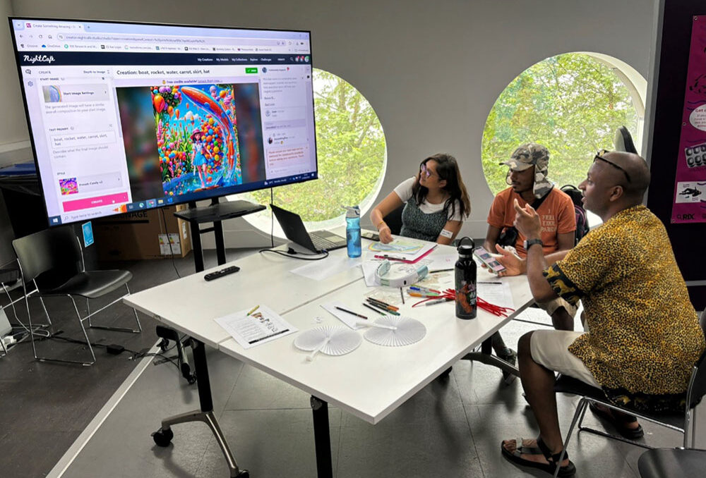 people at table looking at screen