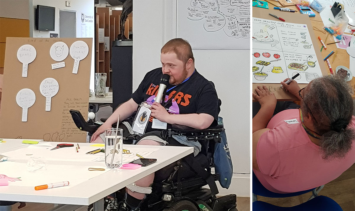 two people working at tables