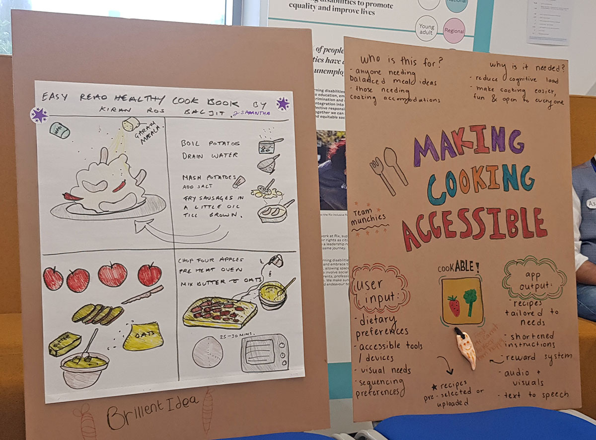 two boards with drawings of food